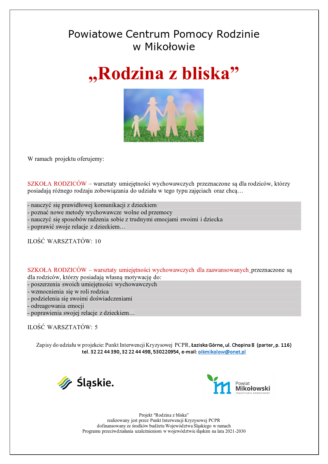 plakat informujący o zajęciach szkoły rodziców