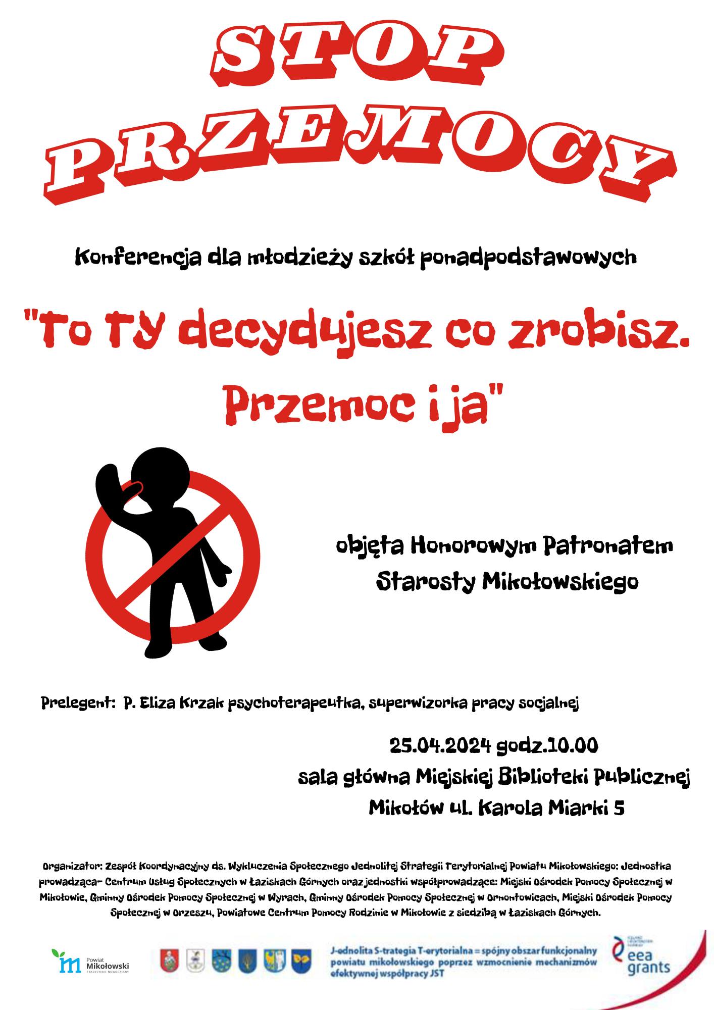 Plakat informacyjny konferencji dla młodzieży szkół ponadpodstawowych na temat przemocy